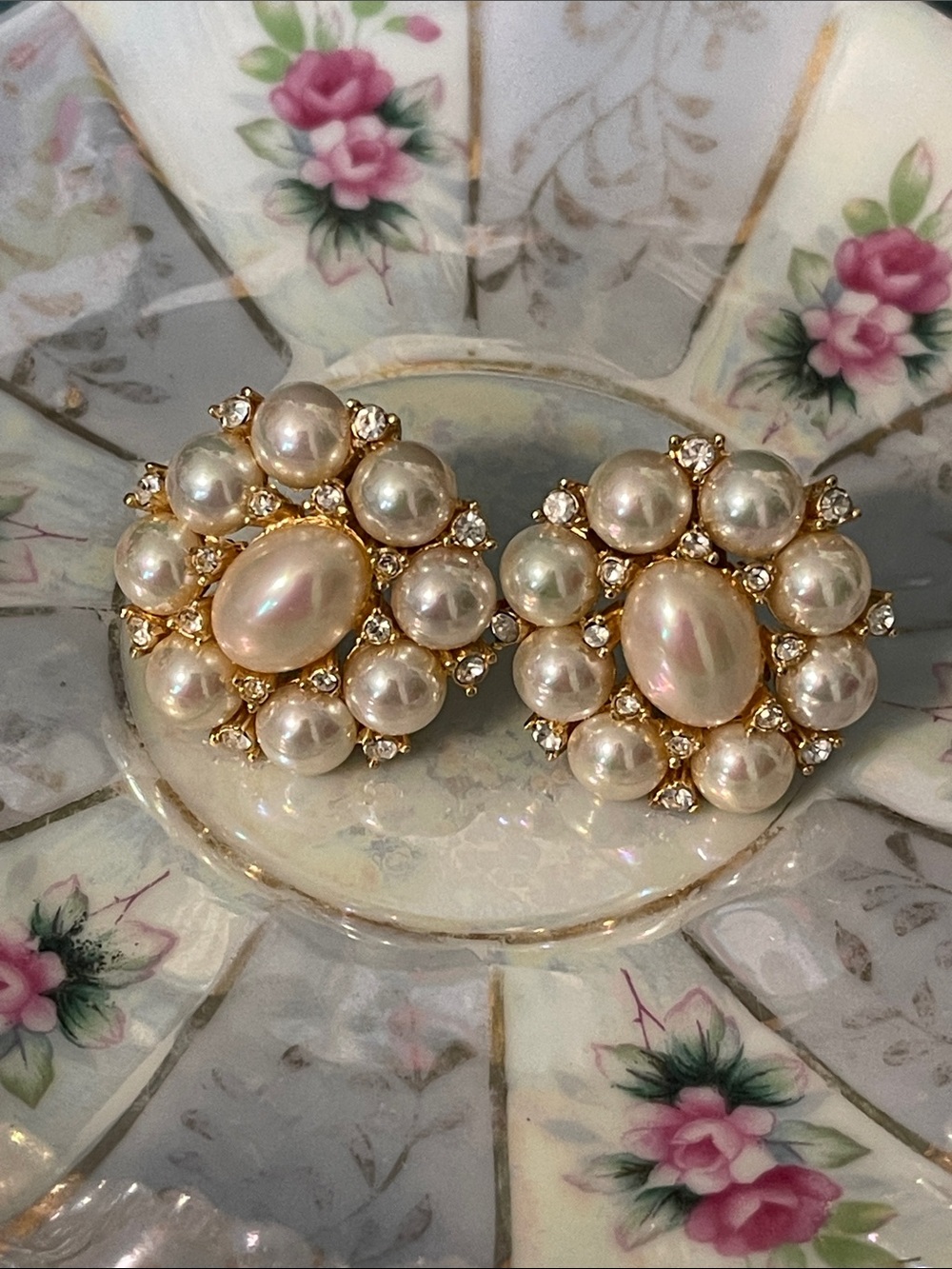 1980’s Christian Dior Faux Pearl & Rhinestone Cluster Clip-On Earrings